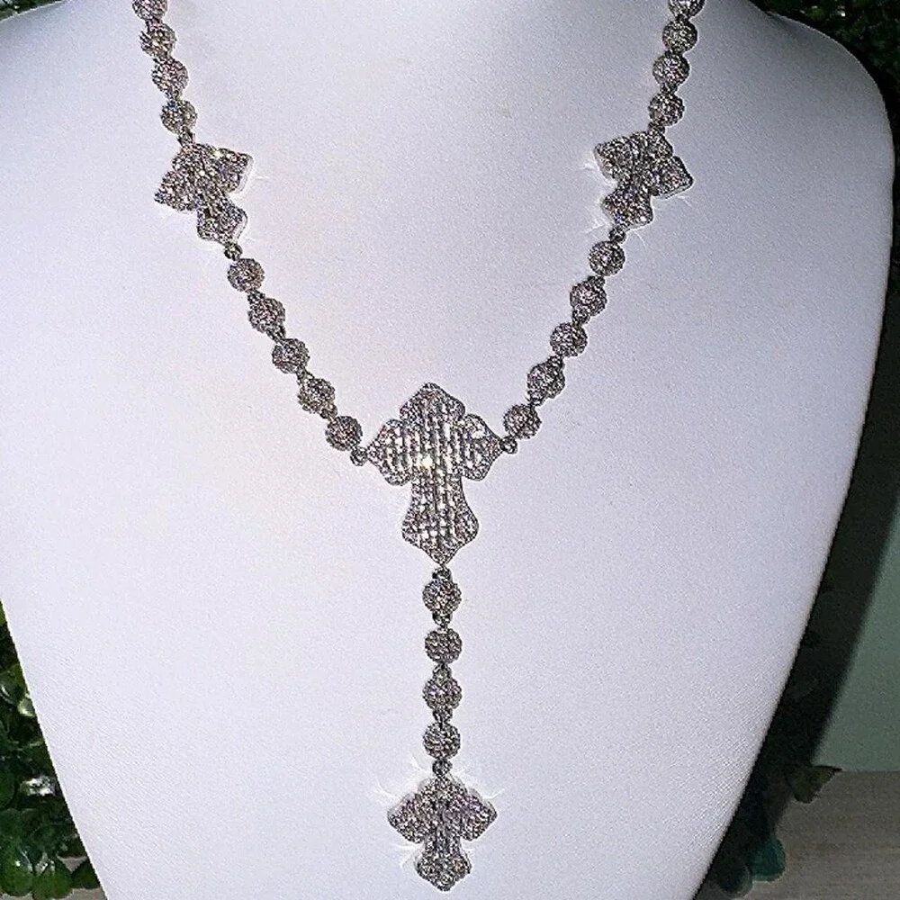 Silver Cross Necklace With Rhinestones 16inch